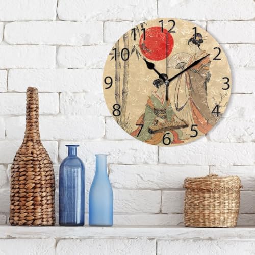 ABLINK Beautiful Japanese Geisha Girl Round Wall Clock, Silent Non Ticking Oil - Image 3