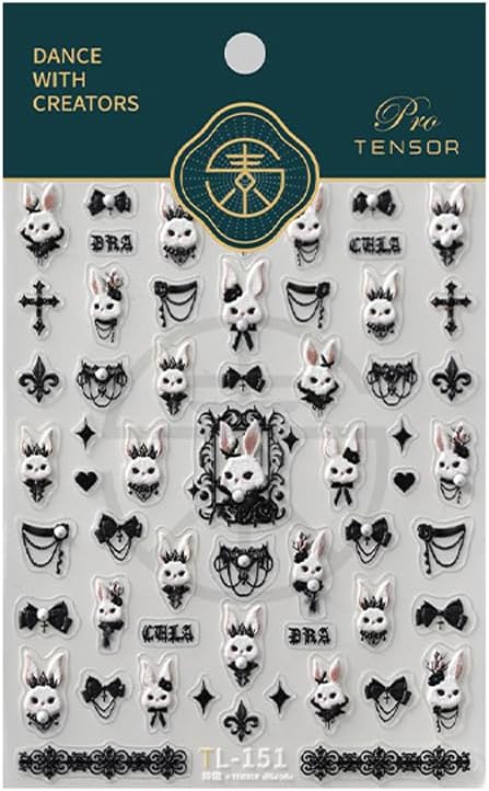 5D Embossed Bunny Nail Stickers Lovely Rabbit Nail Art White Black Nail Decals Cute Stickers for Nails Designs Self Adhesive Nail Art Supplies & Decorations for Women Girls 1 Sheet