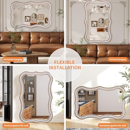 36x24 Inch Wavy Mirror for Wall Decor, Wooden Bathroom Decorative Mirrors - Image 7