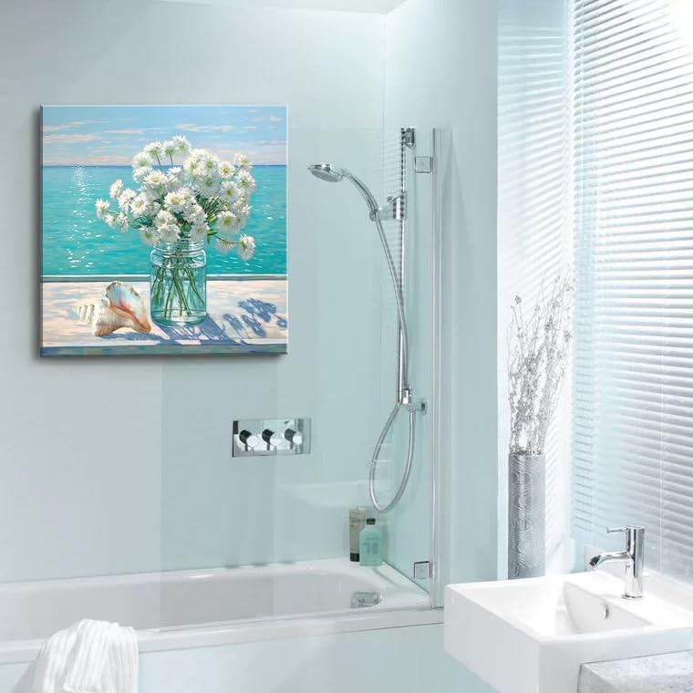Ocean Flower Bathroom Decor Daisy Floral Canvas Wall Art Coastal Nautical - Image 5