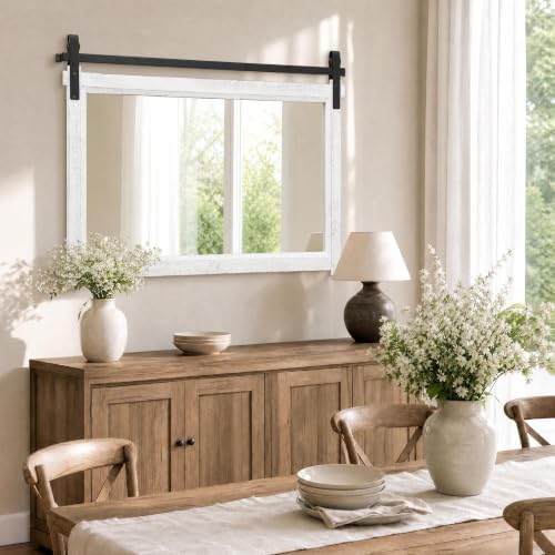 Besdomus Farmhouse Bathroom Vanity Mirror: 42"x28" White Rustic Barn Door - Image 6