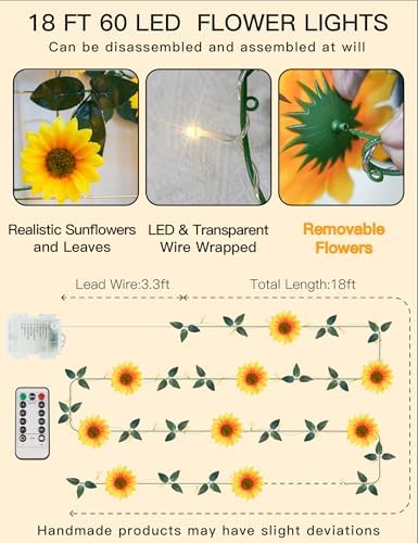 suddus Sunflower Garland with 60LED Fairy Light Battery Operated Clear Wire - Image 7
