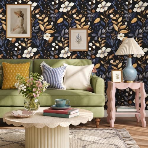 Laatse Vintage Dark Blue Gold Floral Peel and Stick Wallpaper 17.5"x393" - Image 2
