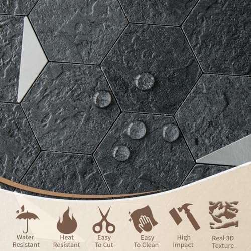DICOFUN 1-Sheet 12"x12" Black Slate Hexagon Tile Peel and Stick Backsplash - Image 3