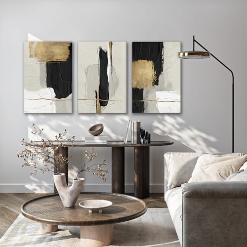 DUWQU Abstract Brushstrokes Canvas Wall Art Black White Gold 16x24 inch x3 - Image 2