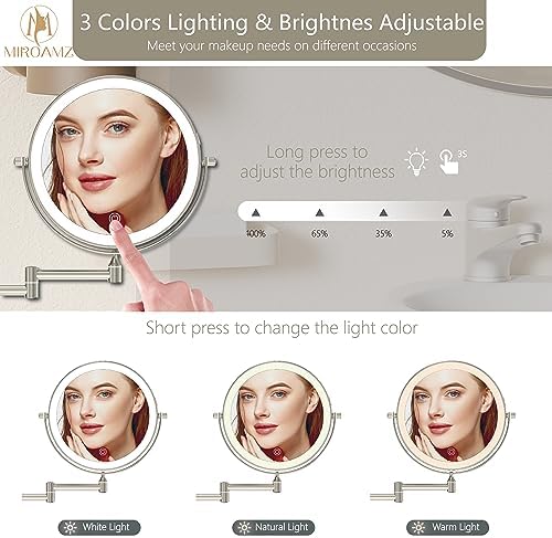 8" Wall Mounted Lighted Makeup Mirror, Brushed Nickel - Image 3