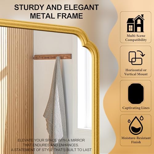 Ferytange 26"x40" Rustproof Bathroom Mirror Gold, Round Corner Metal Frame Wall - Image 5