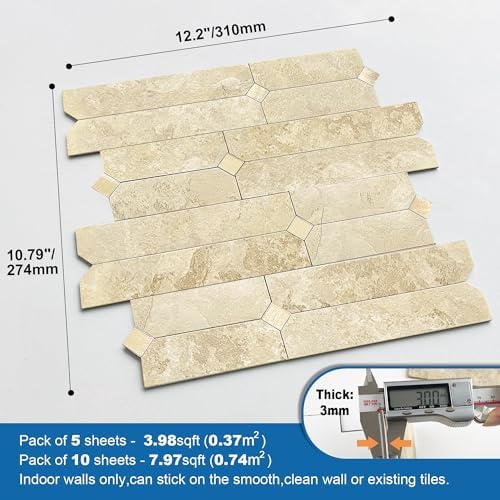 Stone Kitchen Wall Tiles Peel Stick Backsplash Beige Gold 10pcs - Image 5