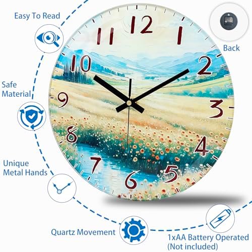 Battery Operated Wall Clock, 8 Inch Exclusive Flower & Mountain Glass Design - Image 6