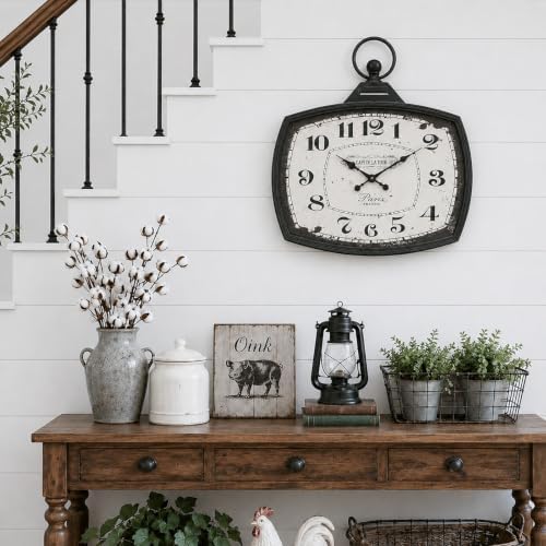 Large Farmhouse Wall Clock, Vintage Metal Rectangle Silent Battery Operated - Image 7