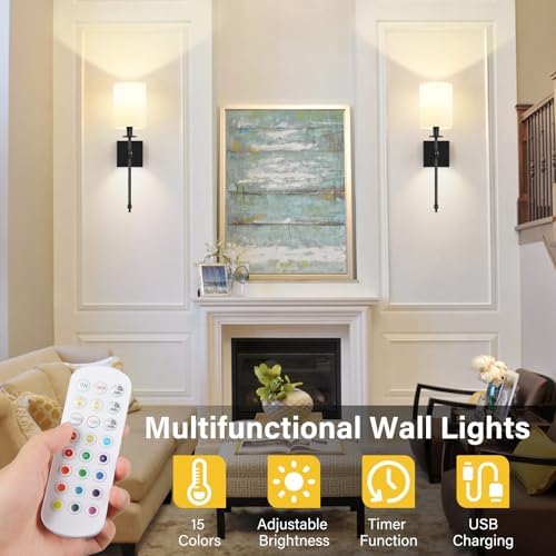 19 Inch Black Battery Operated Wall Sconces Set of 2, Rechargeable Wireless - Image 5