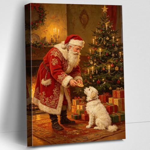 AVANT GARDE CANVAS Christmas Canvas Wall Art, Santa Feeding Dog Biscuits Poster by AVANTCARDECANVAS