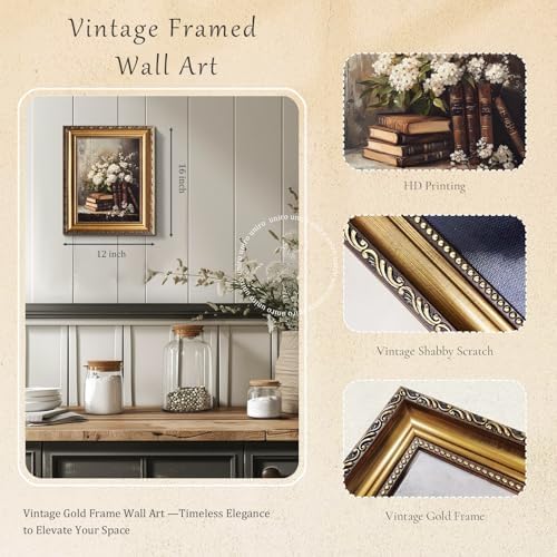 uniro Vintage Gold Framed Wall Art, Moody Books and Flowers Canvas Art Prints - Image 2