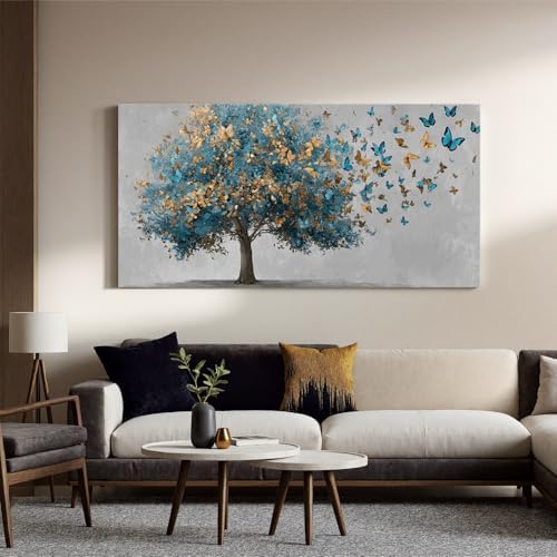YISXINOAG Blue Gold Tree of Life Wall Art Butterfly Landscape Print 24"X48" - Image 3
