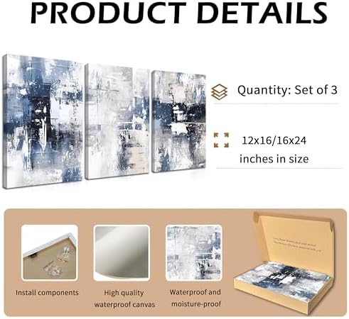 Abstract Blue and White Wall Art Set of 3, Modern Simple Navy Framed Canvas - Image 3