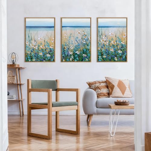 Blue Seaside Cyan Floral Wall Decor Wildflower Canvas Painting Framed Floral - Image 6