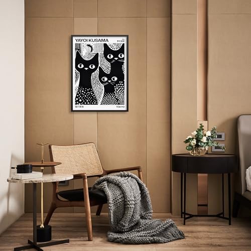 Cute Black Cat Poster Japanese Yayoi Kusama Wall Art 16X24 inch Black Framed - Image 5