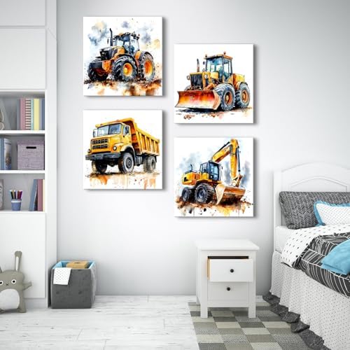 Set of 4 Construction Vehicles Canvas Wall Art Large Boys Room Pictures - Image 5