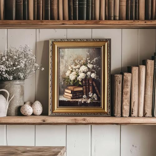 uniro Vintage Gold Framed Wall Art, Moody Books and Flowers Canvas Art Prints - Image 4