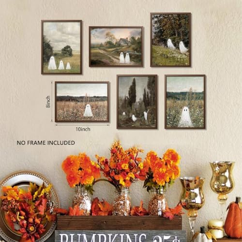Vintage Landscape Ghost Wall Art Set of 6, Gothic Cute Ghost Halloween Canvas - Image 3