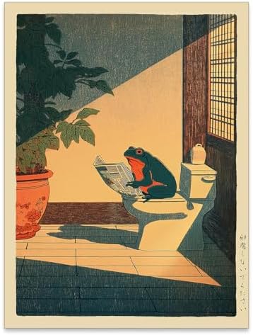 Japanese Frog Wall Art Cute Animal Canvas Print Funny Frog On The Toilet by Unknown