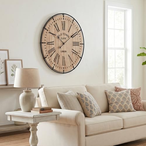 EMAX HOME 30 Inch Rustic Wall Clock, Warm Light Oak Wood Look - Image 5