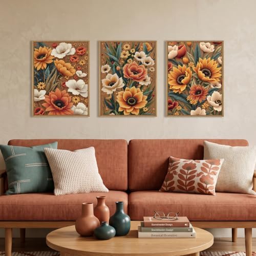 Boho Flower Botanical Framed Canvas Wall Art, Abstract Floral Wall Decor by Unknown