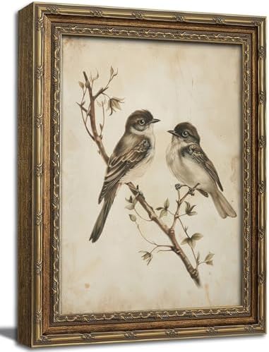 Vintage Gold Framed Wall Art Neutral Summer Bird Wall Art Vintage Botanical by ZHENYVLZ