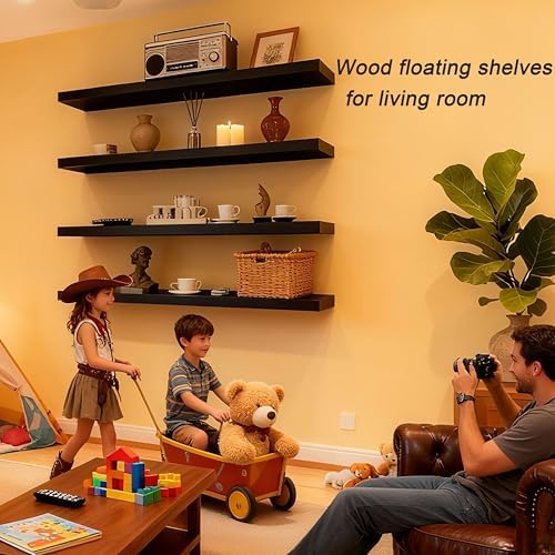 ROGMARS Black Floating Shelves for Wall 36 inch Rustic Solid Wood - Image 2