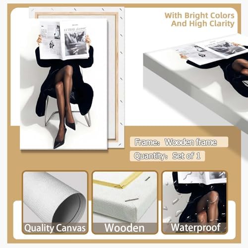 Woman Reading Newspaper Poster Black And White Photography Canvas Wall Art - Image 2