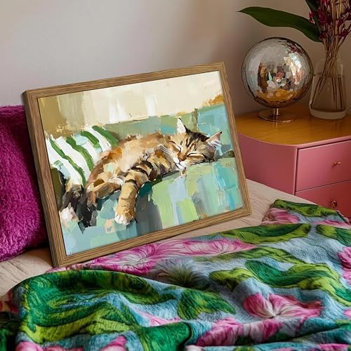 Vintage Abstract Cat Canvas Wall Art, Cute Tabby Cat Sleeping on Sofa Poster - Image 2