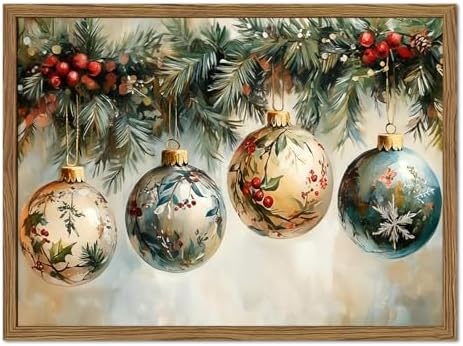 Framed Vintage Christmas Canvas Wall Art, Vintage Christmas Ornament Ball Wall by Unknown