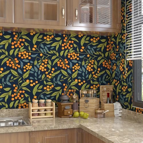 BOKEBEVE Leaf Floral Wallpaper Peel n Stick Boho Blue Orange 17.5 x 787In - Image 5