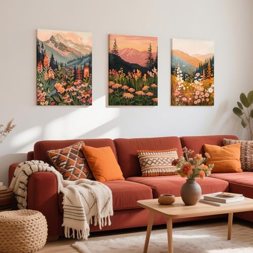 IAFWZX Wrapped Canvas Boho Mountain Wildflower Wall Art Set of 3, 12x16 in - Image 4