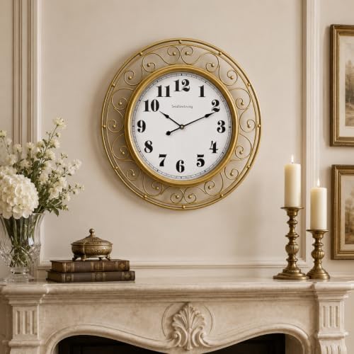 SwallowLiving Ornate Metal Wall Clock 20 Inch – Large Arabic Numbers Silent by SwallowLiving