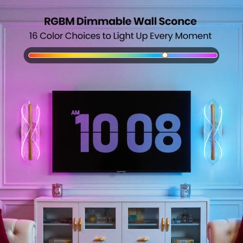 RGB Wall Sconces Set of 2, Hardwired Brushed Gold Wall Lights - Image 2