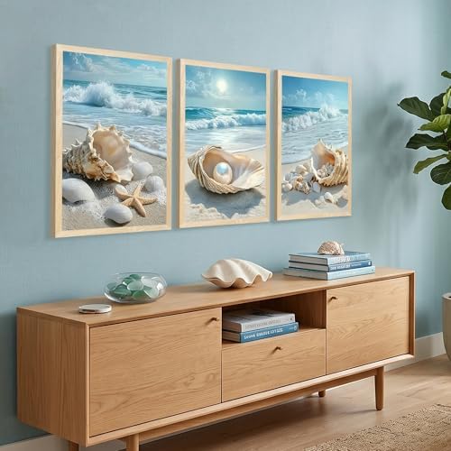 SYWENNOI Triptych Coastal Shell Pearl Framed Canvas Wall Art 16x24 inch x3 - Image 5