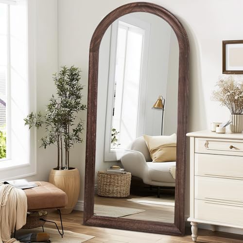 71x32 Solid Wood Arched Full Length Mirror, Elegant Brown Finish - Image 5