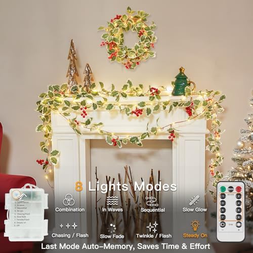 suddus String Light with Red Berries&Holly Leaf Battery Powered Copper Wire - Image 4