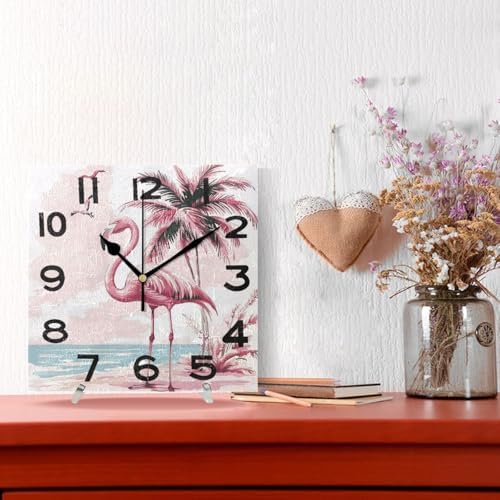 Seaside Tropical Pink Flamingos Square Wall Clock, 8 Inch Standard Non Ticking - Image 4
