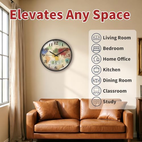 Vintage World Map Wall Clock, 12 Inch Analog and Digital Combo - Image 5