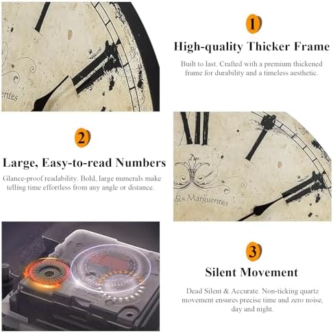 24 Inch Vintage Yellow Wall Clock, Farmhouse Silent Non-Ticking Battery - Image 3