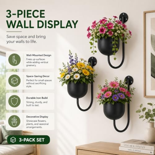 3 Pack Wall Mounted Plant Holders, Metal Hanging Planters & Wall Plant Decor - Image 3