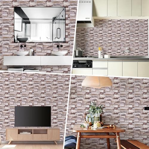 CRASPIRE 10Pcs 3D Faux Stone Peel and Stick Wall Tan Tile Panels 11.8x11.8in - Image 5