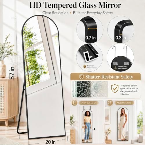 57x20" Full Length Mirror Floor Stand, Over the Door, Wall Mounted Black - Image 2