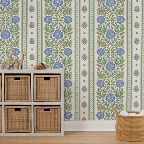 Spoonflower Indian Floral Blue Peel and Stick Wallpaper - Image 7