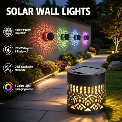 Solar Mandala Outdoor Wall Lights, 4 Pack 7 Color Changing Metal Fence Lanterns - Image 2