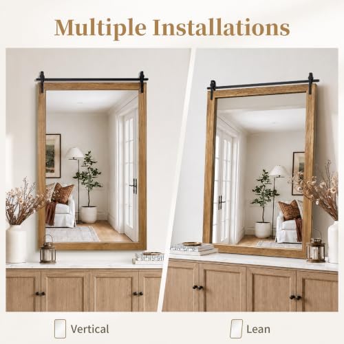 Farmhouse Bathroom Vanity Mirror, 48”x 30” Wood Barn Door Mirror, Light Brown - Image 7
