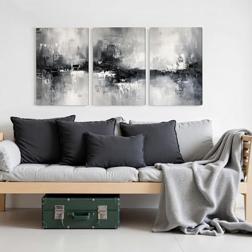 AVECCO Triptych Abstract Black White Gray Wrapped Canvas Wall Art 16x24 In - Image 3