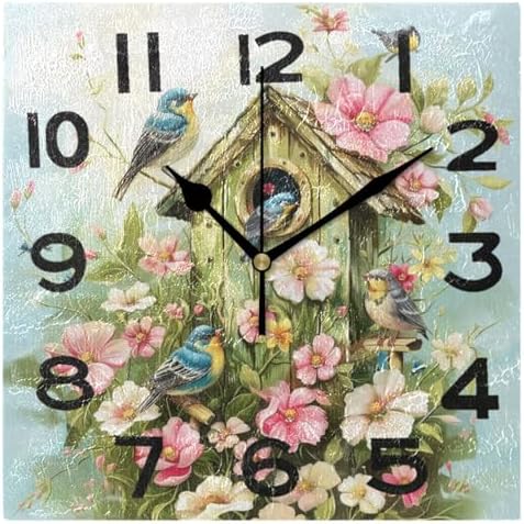 8 Inch Square Wall Clock, Lovely Flowers Birdhouse Birds Family Non Ticking by Peystean